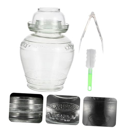 DECHOUS Glass Pickle Jar Set 5lb with Airtight Water Seal Lid, Thickened Glass Sauerkraut Fermentation Crock for Household Food Storage, Includes Inner Lid, Brush, and Tongs for Kitchen