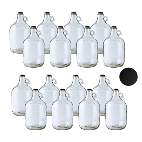 Fastrack 16-Pack 1 Gallon Glass Jug (128 oz) w/16 38mm Black Metal Screw Cap – Multipurpose 1 Gallon Jug, & Detergent Dispenser for Laundry, Glass Jar for Liquids, Water & Juice