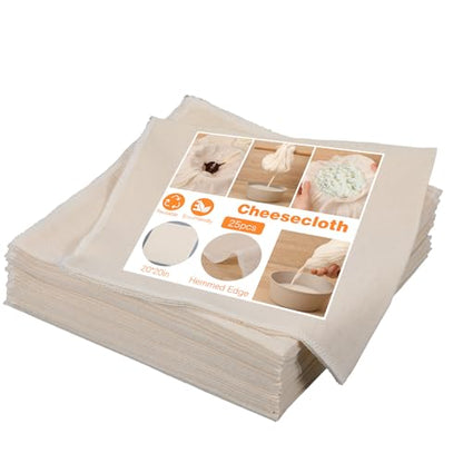 25 PCS Reusable Cheese Cloths, 20 x 20 Inches Hemmed Cloths for Straining Liquid, Unbleached Strainer for Cooking, Baking, Juicing, Cheese Making