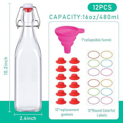 12 Pack 16oz Swing Top Glass Bottles | Flip Top Glass Bottle,Square Bottles with Airtight Stoppers for Kombucha, Kefir, Vanilla Extract, Beer - size: 16oz-12pack