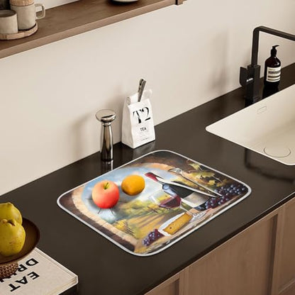 Red Wine Glasses with Grape Cheese Farmhouse Dish Drying Mats for Kitchen Counter Absorbent Microfiber Dish Drying Matt 16 x 18 Inch Draining Reusable Rack Pad