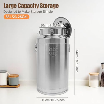 Stainless Steel Milk Can, 88L/23.3Gal Storage Bucket Airtight Canister with Lid, Wine Oil Beverage Storage Container for Kitchen Restaurant Party, W15.8*H29.1in - size: 88L/23.3Gal w/o Faucet