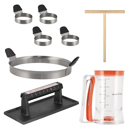 Plastic Batter Dispenser, Cast Iron Bacon Griddle Weight Press, 10 Inches Stainless Steel Omelet Egg Ring, Wood Wooden Crepe Spreader Spatula - size: One Size, style: 8 Piece Kit