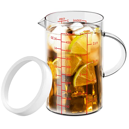 77L Glass Measuring Cup, 2-Cup/500 ML Liquid Measuring Cups, Measuring Cup With Handle and V-Shaped Spout, Glass Beaker with Three Scales (OZ, Cup, ML), Dishwasher/Freezer/Microwave Safe - size: 2 Cup / 500 mL