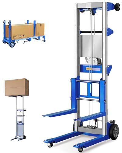 122" Material Lift Winch Stacker, 400 lbs Capacity Manual Material Lifts, Fixed Straddle Material Lifter, Hand Winch Lift Trucks for Warehouse, Factory, Lightweight, 34.60" L x 24.80" W, Blue - color: Blue