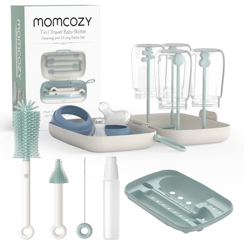 Momcozy Bottle Brush Set - Baby Bottle Cleaner Kit with Silicone Brush, Nipple Brush, Straw Brush, Soap Dispenser, Drying Rack - 7 in 1 Bottle Cleaning Tool for Home and Travel, Green - color: Green, size: Classic Style