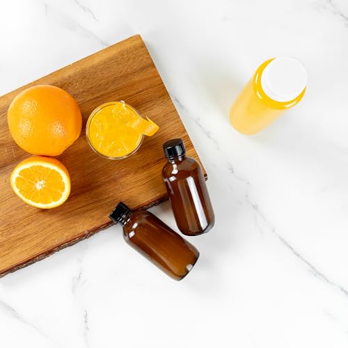 Restaurantware Vetri 4 Ounce Boston Glass Bottles, 24 Sample Bottles With Black Phenolic Caps - Dishwashable, Round, Amber Glass Bottle, For Potion, Juice, Ginger Shots, Whiskey, Liquids - color: Amber, size: 4 oz