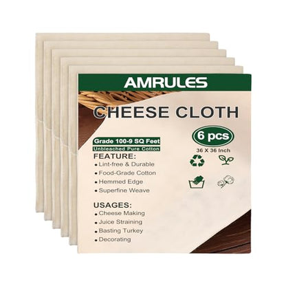 Amrules Cheese Cloths for Straining, 6PCS 36x36 Inch Grade 100 Cheese Cloth, Reusable Washable Unbleached Pure Cotton Cheesecloth for Cooking and Cheese Making with Hemmed Edge - size: 36x36 Inch - 6 PC