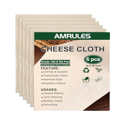 Amrules Cheese Cloths for Straining, 6PCS 36x36 Inch Grade 100 Cheese Cloth, Reusable Washable Unbleached Pure Cotton Cheesecloth for Cooking and Cheese Making with Hemmed Edge - size: 36x36 Inch - 6 PC