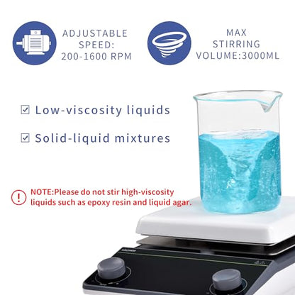Magnetic Stirrer 5.9 inch Hot Plate 200-1600RPM Max Temp.300℃ Magnetic Stir Plate Max 5L Lab Stirrers with Stir Bar & Standing Pole(No Screen) - size: 5L