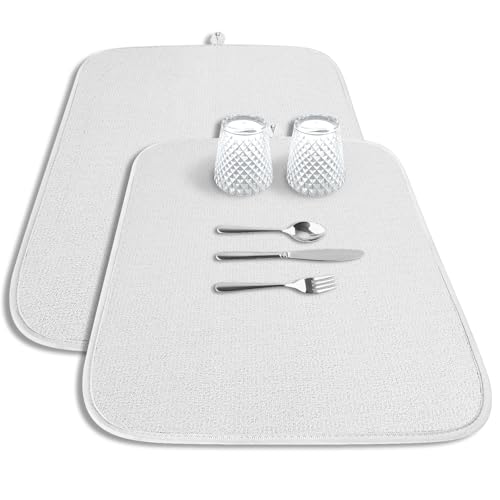 Kitsure Dish Drying Mat - 2-Pack Washable Microfiber Drying Mat for Kitchen Counter, 3-Layer Ultra Absorbent Pad with a Hanging Hook, 20" x 14", White - color: White, size: 20" x 14"