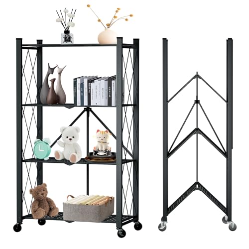 4 Tier Foldable Storage Shelf with Wheels, Heavy Duty Folding Shelf Loads 600 LBS, Metal Steel Collapsible Shelves, Rolling Standing Utility Rack for Kitchen, Pantry, Office, Black - color: Black, size: 4 Tier