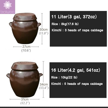 11 liter(3 gal) Onggi Korean Traditional Clay Jar Ceramic Canister/Handmade Food Storage Container/Breathing Clay Pot Kimchi Fermentation Crock/Grain Rice Container