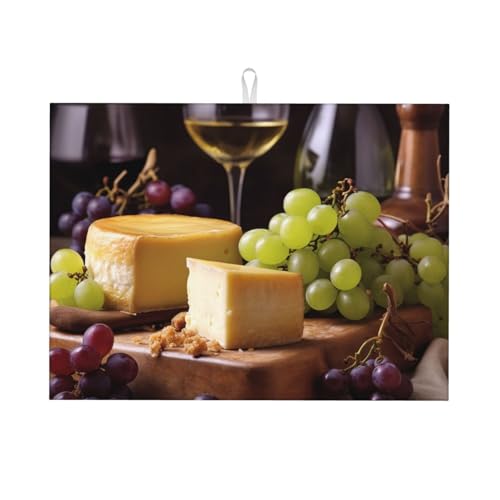 White Wine Cheese Cake Grapes Print Dish Drying Mat For Kitchen Counter Ultra Absorbent Microfiber Dishes Drainer Mats Washable Drying Pads For Sinks 18 X 24 In