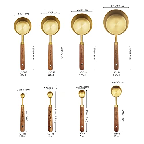 Gold Measuring Cups and Spoons Set with Fragrant Wood Handle, Measuring Cups, Metal Measuring Spoons and Measuring Cup Set for Cooking & Baking, Set of 8 pcs - color: Gold/Wooden Handle
