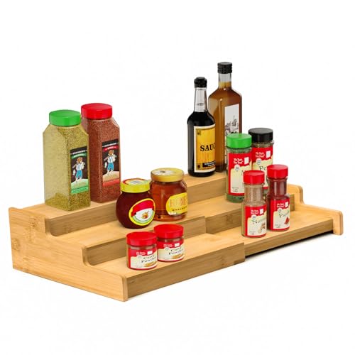 VenDotbi Spice Rack, 3-Tier Expandable Bamboo Spice Rack Organizer for Cabinet - Kitchen, Pantry and Cupboard Storage Organizer - color: Bamboo