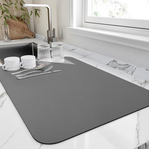 HotLive Dish Drying Mat for Kitchen Counter, Heat Resistant Drainer Mats with Non-slip Rubber Backed, Hide Stain Kitchen Super Absorbent Draining Mat, Easy to Clean Dish Rack Pad, Dark Grey 16"x18" - color: Dark Gray, size: 16" x 18"