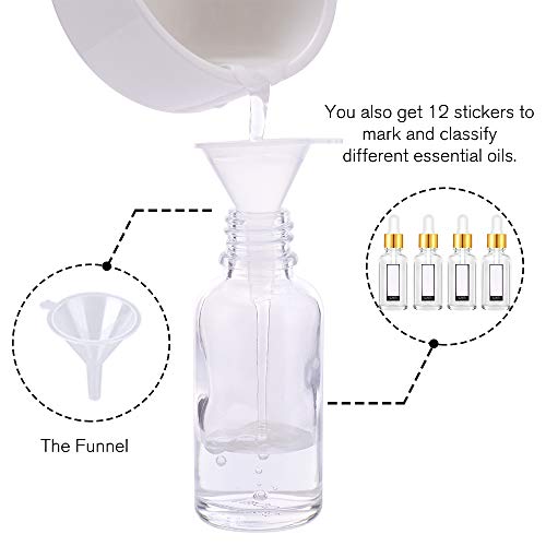 PrettyCare 2 oz Dropper Bottles, 4 Pack Clear Glass Bottles 60ml with Golden Caps, 12 Labels, Funnel & Measured Pipettes-Empty Tincture for Essential Oils & Skincare - color: 2oz Clear, style: 4 Pack