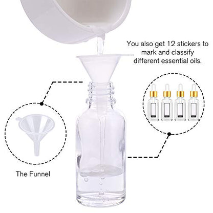 PrettyCare 2 oz Dropper Bottles, 4 Pack Clear Glass Bottles 60ml with Golden Caps, 12 Labels, Funnel & Measured Pipettes-Empty Tincture for Essential Oils & Skincare - color: 2oz Clear, style: 4 Pack