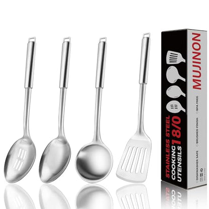 18/0 Stainless Steel Kitchen Cooking Utensil Set, Ergonomic Handle, Dishwasher Safe, Slotted Spoon, Ladle, Turner, Serving Spoon for Housewarming Daily Use Commercial, Pack of 4 - size: Cooking Utensils - 4PCs