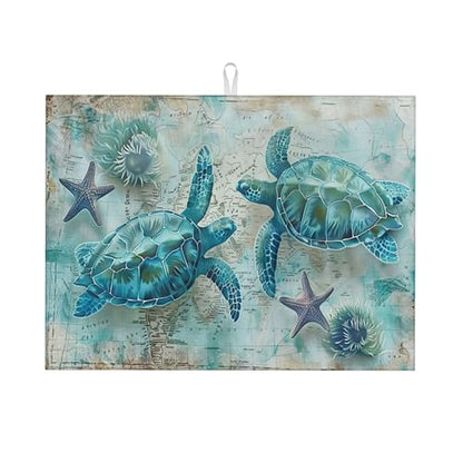 Sea Turtles Dish Drying Mat for Kitchen Counter Microfiber Super Absorbent Non-Slip Dish Drying Pad for Countertops Dishes Utensils Stylish Quick-Dry Machine Washable 18x24 Inch - color: Sea Turtles