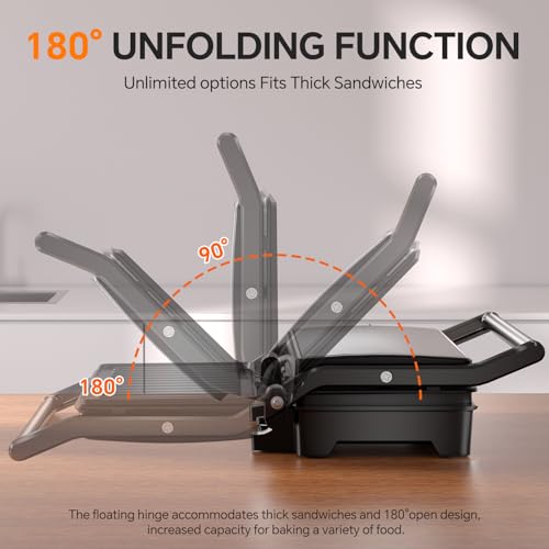 Panini Press Grill, 1000W Sandwich Maker with Non-Stick Coated Plates, Opens 180 Degrees for Any Size of Food, 3-in-1 Sandwich Press Electric Grill, Stainless Steel Surface and Removable Drip Tray