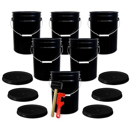 ePackageSupply 5 Gallon Plastic Bucket with Airtight Lid | Food Grade Bucket | BPA-Free | Heavy Duty 90 Mil All Purpose Pail | One 12" Rubber Mallet & One Lid Opener Included | 6 Pack - color: Black, size: 6 Packs