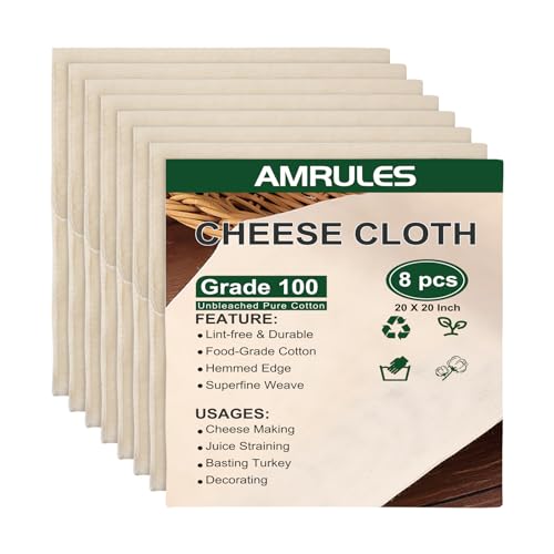 Amrules Cheese Cloths for Straining, 8PCS 20x20 Inch Grade 100 Cheese Cloth, Reusable Washable Unbleached Pure Cotton Cheesecloth for Cooking and Cheese Making with Hemmed Edge - size: 20x20 Inch - 8 PC