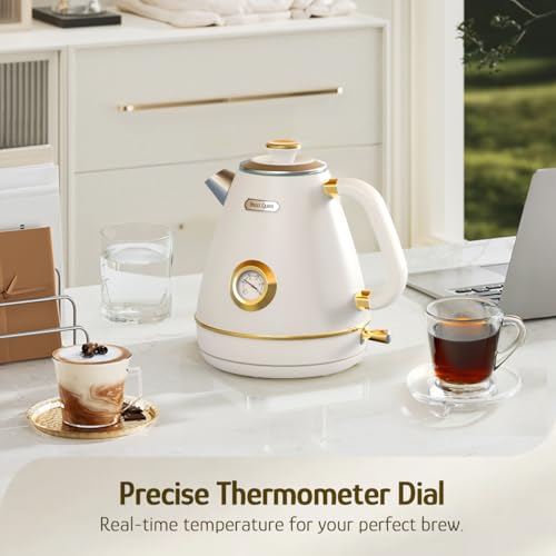 Hazel Quinn Retro Electric Kettle - 1.7 Liters / 57.5 Ounces Tea Kettle with Thermometer, All Stainless Steel, 1200 Watts Fast Boiling, BPA-free, Cordless, Automatic Shut Off - Pearl White - color: Pearl White