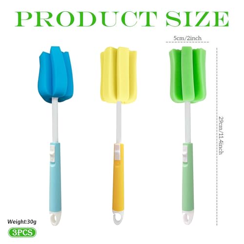3PCS Adjustable Sponge Cleaning Brush Long Handle Bottle Scrubber Soft for Coffee Glasses Pot Milk Cup Mugs Winebottle Baby Narrow Neck Bottles Random Color