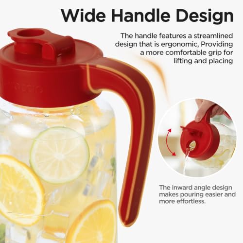 Mason Jar Pitcher - Airtight & Leakproof Glass Pitcher with Lid, Perfect for Breastmilk, Cold Brew, and Sun Tea, 2 Quart (64 oz) Mason Jar with Pour Spout Lid - color: Red