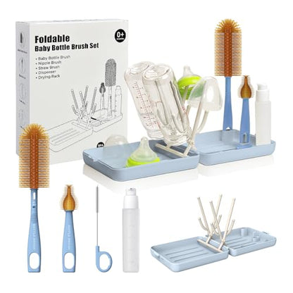 YOTIME Travel Bottle Brush, Travel Bottle Cleaner Kit with Foldable Bottle Drying Rack, for Visit Friends and Relations, Baby Travel Essentials, BPA Free, Blue - color: Blue