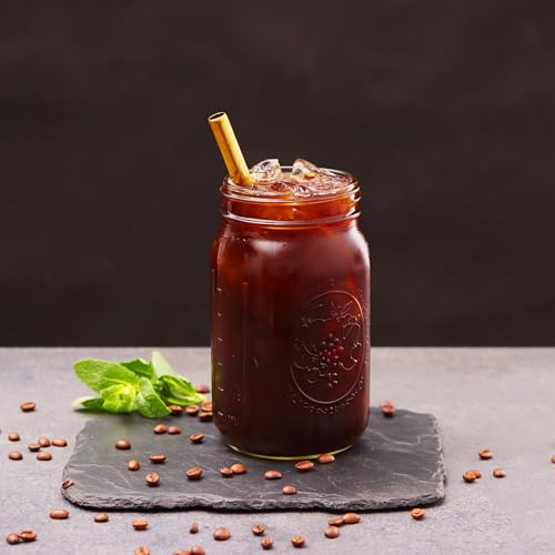 Reusable Boba Bubble Tea & Smoothie Cups - 2 Glass Wide Mouth 32oz Mason Jars with Bamboo Lids - 2 Reusable Gold Stainless Steel Boba Straws