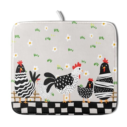 Black Rooster Dish Drying Mat for Countertop 16x18 Inches Buffalo Plaid Microfiber Drainer Rack Pads Fast Dry Dishes Mats Kitchen Accessories - color: Black Rooster, size: 16" x 18"