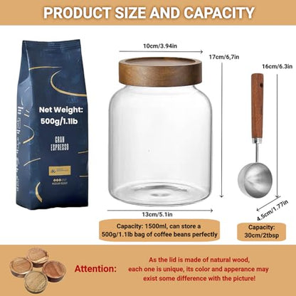 50 Fl oz/ 1500ml Clear Glass Jar with Airtight Screw on Wood Lid and Scoop, Glass Canister for 1.1LB Coffee Beans, Large Food Storage Containers Pantry Jars for Rice,Flour,Pasta,Sugar,Cookies,Cereal - size: 1*1500ml+1*scoop