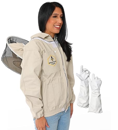 Beekeeping Jacket with Round Veil and Gloves, Natural Canvas Bee Jacket with Durable YKK Brass Zippers for Professional & Hobby Beekeepers (Large) - size: Large