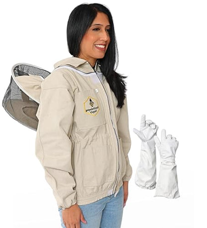Beekeeping Jacket with Round Veil and Gloves, Natural Canvas Bee Jacket with Durable YKK Brass Zippers for Professional & Hobby Beekeepers (Large) - size: Large