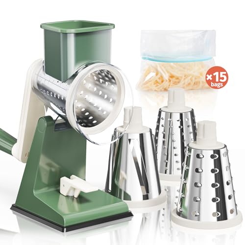 Upgraded Rotary Cheese Grater with 3 Interchangeable Stainless Steel Drums, One-Press Powerful Suction Manual Vegetable Shredder & Slicer for Kitchen, 15pcs Storage Bags Included, Olive Green - color: Olive Green