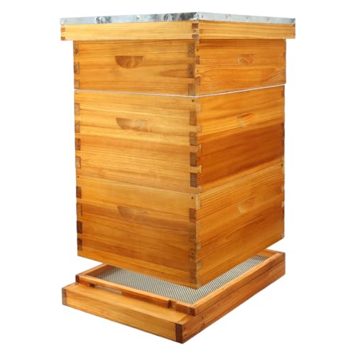 10 Frame Beehive kit with Screened Bottom Board Dipped in Heavy Beeswax Beehive Boxes Starter Kit Includes Beehive Frames and Waxed Foundations (2 Deep Boxes & 1 Medium Box) - size: 3-Layer