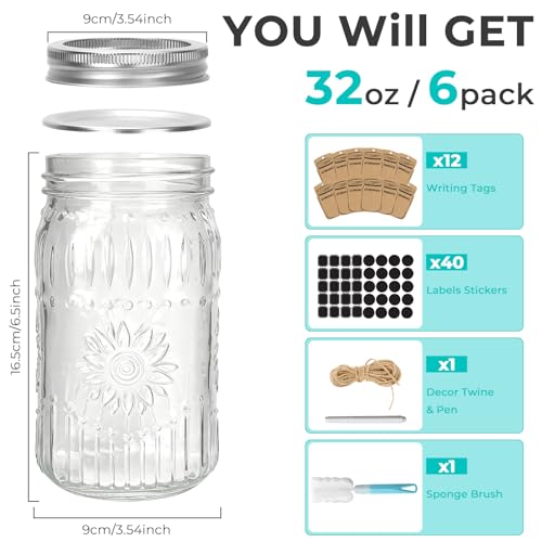 CycleMore 6 Pack 32oz Glass Mason Jars with Silver Two-Piece Lids - Wide Mouth Jars, 1 Quart Canning Jars With Sunflower Print for Preserving, Decor & Storage - size: SunFlower - 32oz - 6 Pack