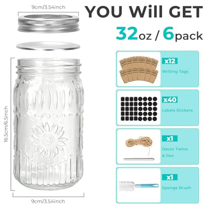 CycleMore 6 Pack 32oz Glass Mason Jars with Silver Two-Piece Lids - Wide Mouth Jars, 1 Quart Canning Jars With Sunflower Print for Preserving, Decor & Storage - size: SunFlower - 32oz - 6 Pack