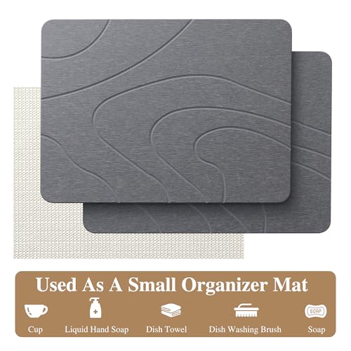 2 Pack Stone Drying Mat for Kitchen Counter, (Gray, 16''x12'') | Quick Dish Drying Stone Mat Kitchen,Stone Dish Drying Mat,Quick-Dry Absorbent Bath & Countertop Stone Dishes Mats - color: Gray