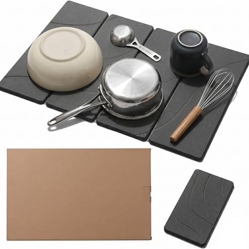 2PCS Stone Dish Drying Mat for Kitchen Counter,Collapsable Stone Dish Drying Mat with Diatomaceous Earth for Quick Drying-Ultra Absorbent-Eco-Friendly,Foldable -23.6"×15.7" Dark Gray Wave Grooves - color: DKHX-Dark Grey