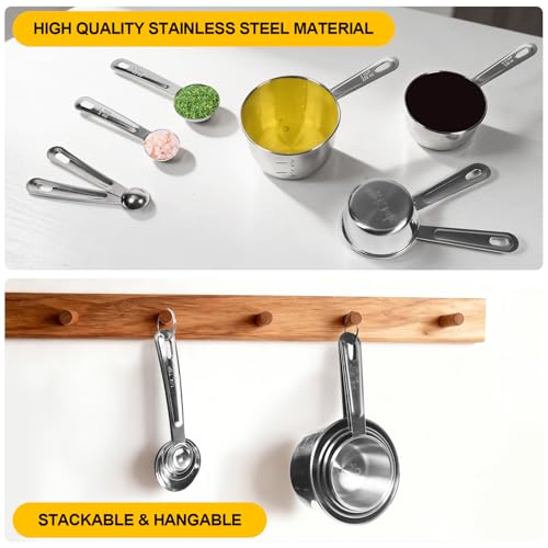 8 PCS Stainless Steel Measuring Cups and Spoons Set, Premium Measure Cups and Spoons Long Handle Stackable Measuring Cups for Kitchen Cooking & Baking, Dry & Liquid Dishwasher Safe