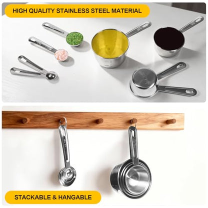 8 PCS Stainless Steel Measuring Cups and Spoons Set, Premium Measure Cups and Spoons Long Handle Stackable Measuring Cups for Kitchen Cooking & Baking, Dry & Liquid Dishwasher Safe