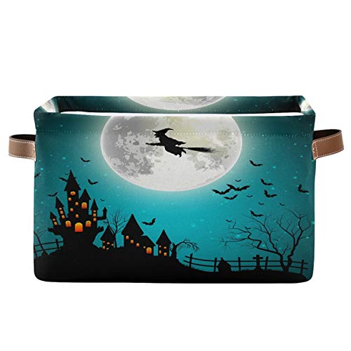 AUUXVA Storage Basket Halloween Witch Moon Castle Storage Cube Box Durable Canvas Collapsible Toy Basket Organizer Bin with Handles for Shelf Closet Bedroom Home Office - color: Halloween Witch Moon, size: 1 Pack