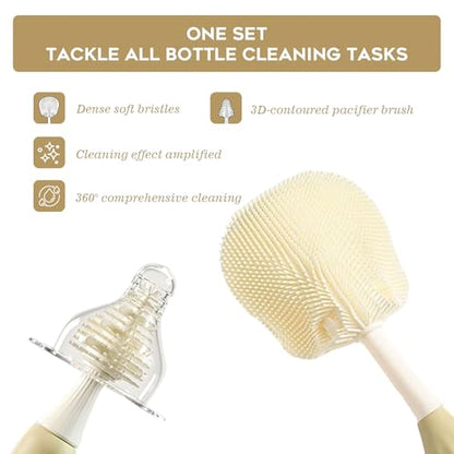 Baby Bottle Brush Set, Silicone Bottle Brush Cleaner with Nipple & Straw Brushes, Push-Press Bubble and Drying Rack for Bottle Cleaning,BPA-Free,Bottle Washer Brush for Breast Pump - color: Beige