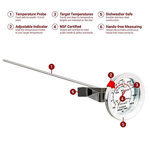 Escali AHC2 Stainless Steel Deep Frying and Candy Thermometer with Pot Clip, 12-Inch Probe with Candy Temperature Zones, NSF Certified - style: Long Probe