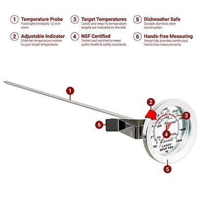 Escali AHC2 Stainless Steel Deep Frying and Candy Thermometer with Pot Clip, 12-Inch Probe with Candy Temperature Zones, NSF Certified - style: Long Probe