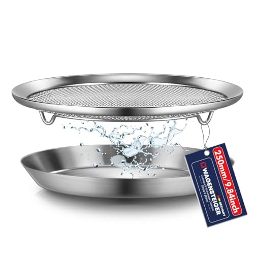 WAGENSTEIGER Stainless Steel Mesh Tray Set with Drip Pan, Air Fryer Basket and Tray, Kitchen Colander, Vegetable and Fruit Strainer, Food Filter, BBQ Prep Tool, Fruit Serving Dishes (9.84 inch) - size: 9.84 inch